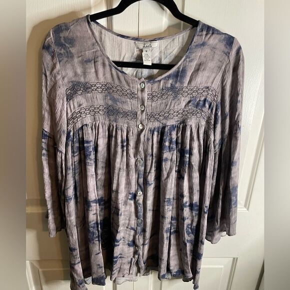 Lani Womens Boho Long Sleeve Button Front Blouse Top Brown Medium - Picture 1 of 6
